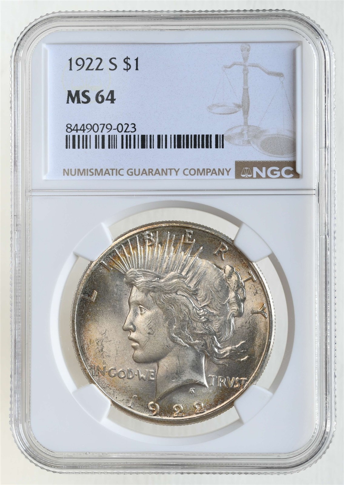 1922-S $1 Peace Silver Dollar NGC MS64 NICE Gently Toned Obverse - See Video!