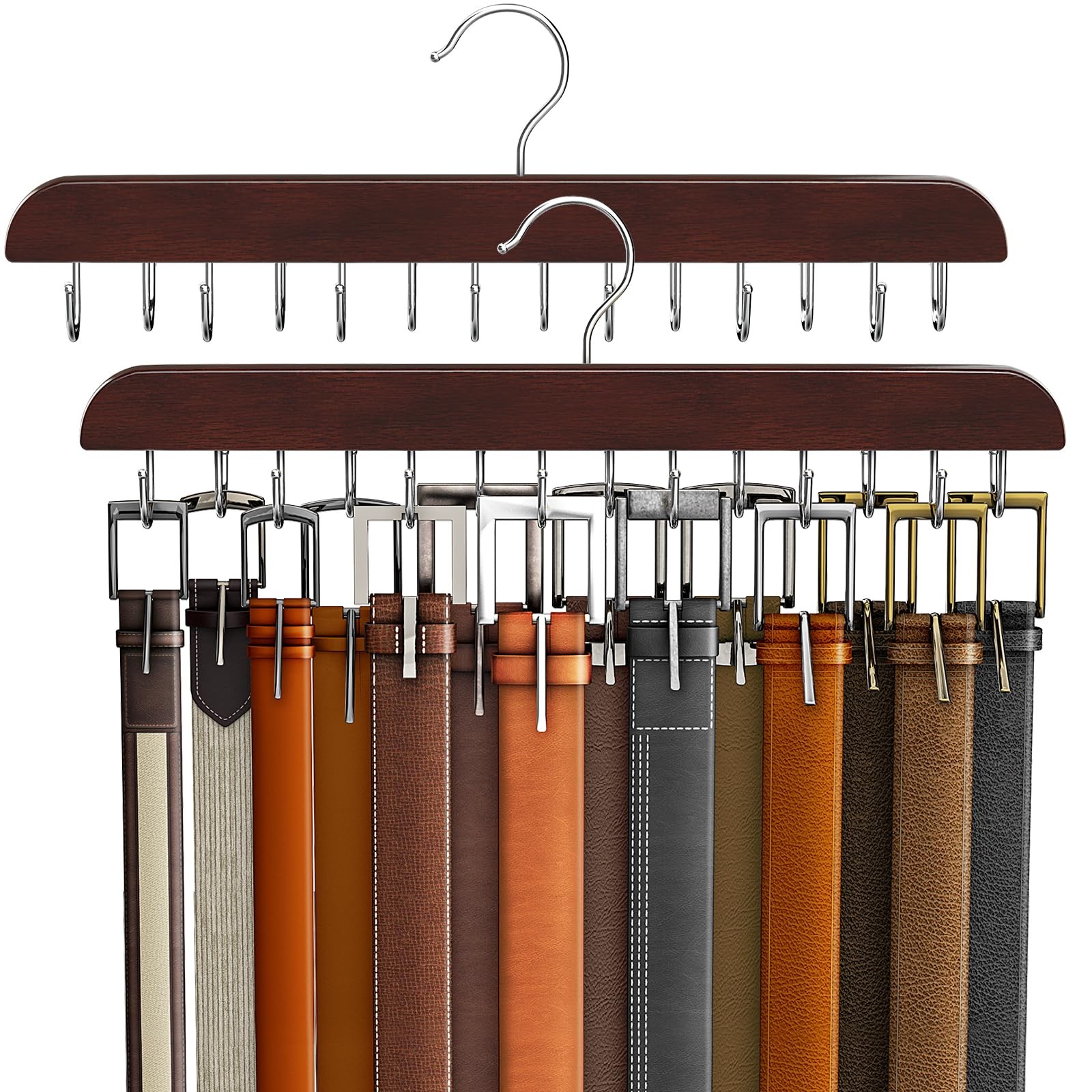 Belt Hanger for Closet, Sturdy Wood Belt Rack Closet with 14 Hooks Belt Organ...