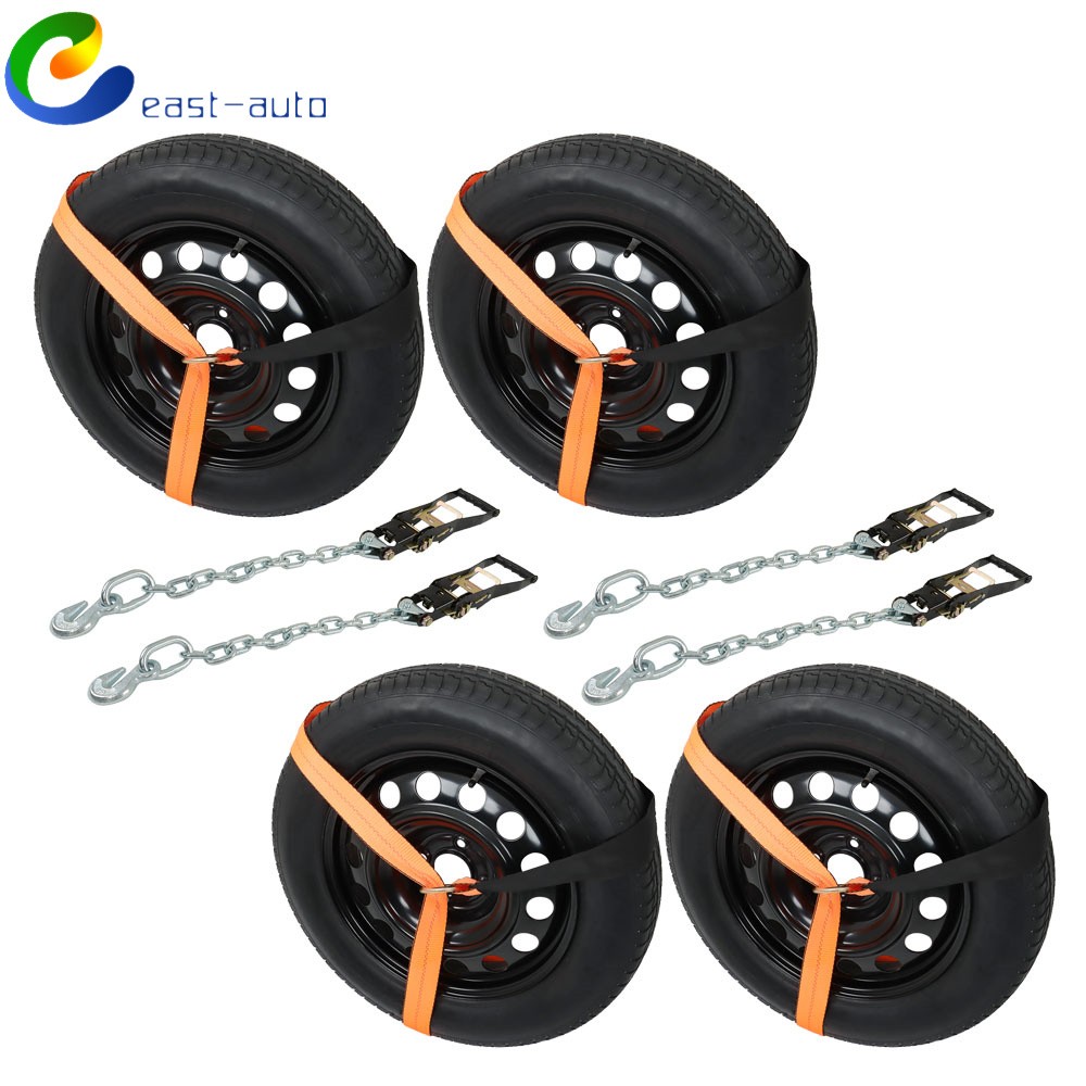 2 Inch × 96 Inch 4 Pack Car Tie Down Lasso Style W/ Chain Anchor 3300 LBS Orange