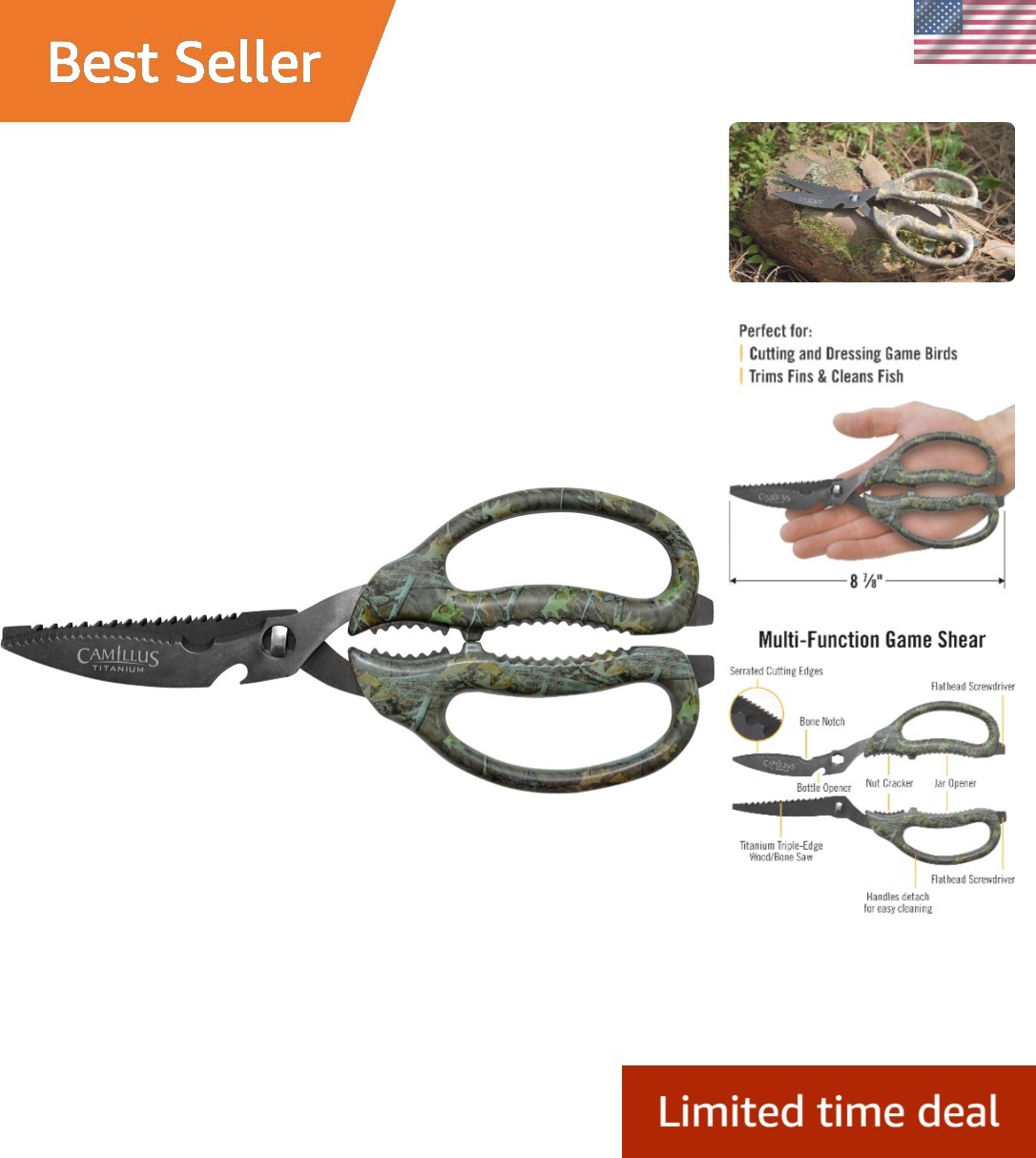 Heavy-Duty 9-Inch Camo Game Shears - Serrated Blades with Safety Sheath Included
