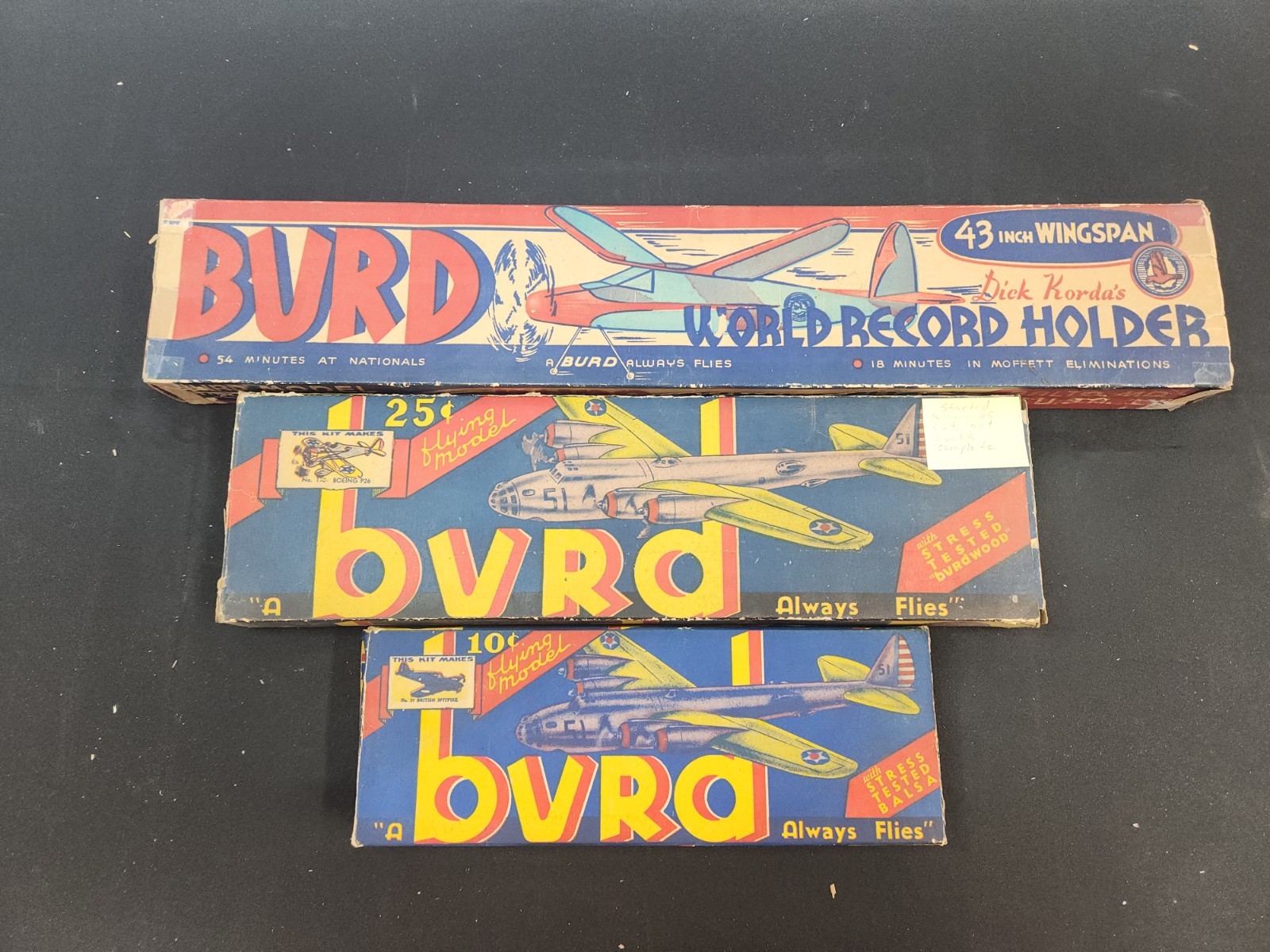 3 Vintage Balsa model plane kits Burd BVRD Spitfire, P-26, Korda's World Record
