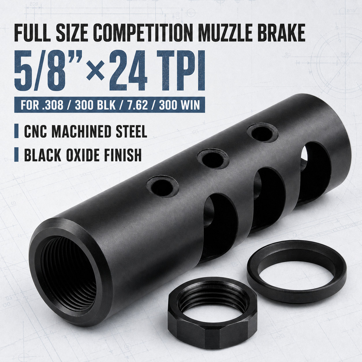 Completion Full Size Muzzle Brake 5/8x24 TPI for .308/300BLK/7.62/300WIN