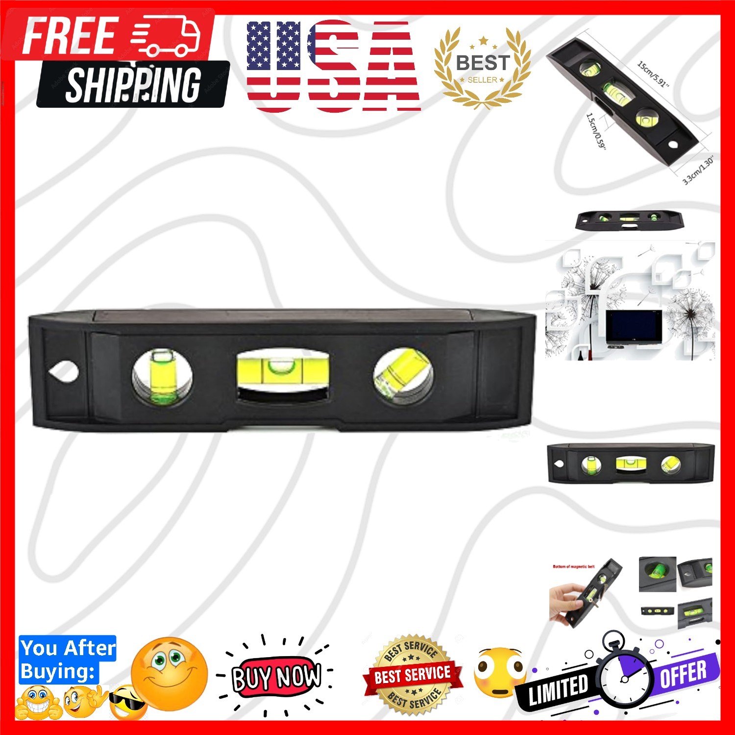 Magnetic Torpedo Level, Spirit Level 3 Bubble Torpedo Magnetic Measuring Tool...