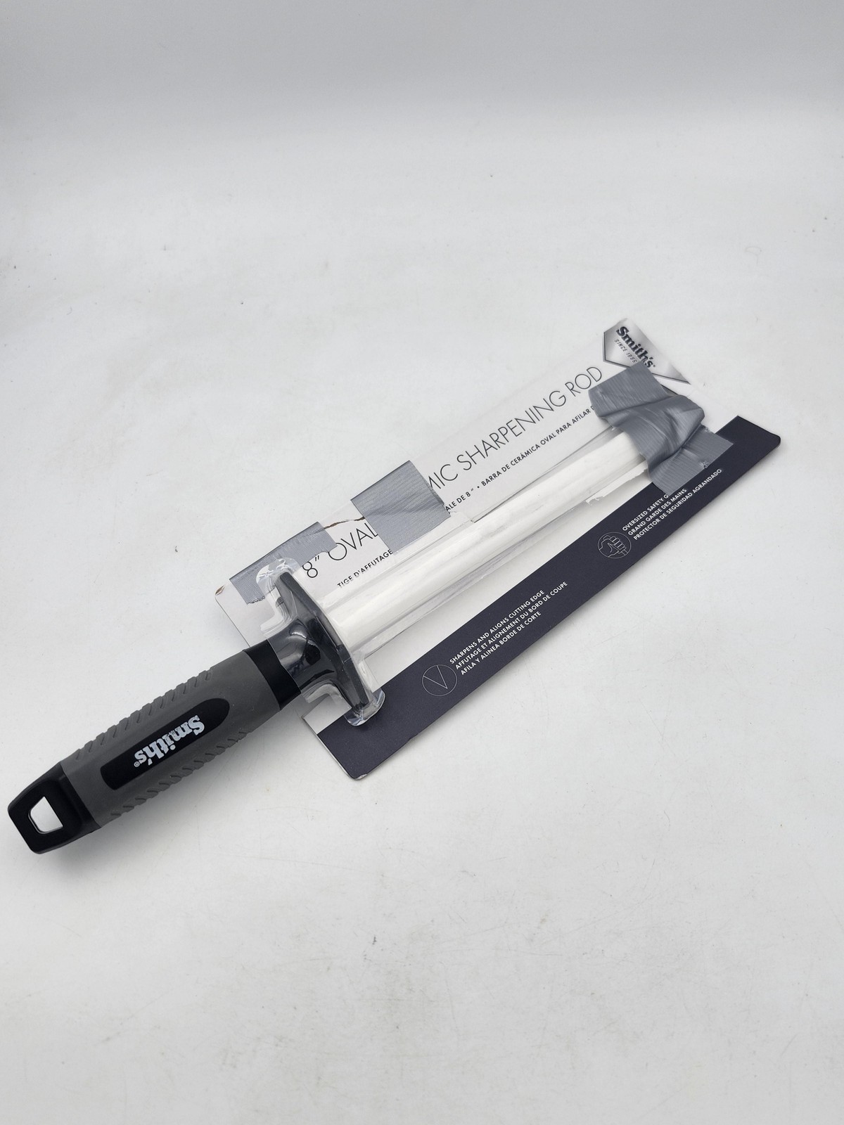 Smiths 8in Oval Ceramic Sharpening Rod Manual White Soft Grip Handle Kitchen