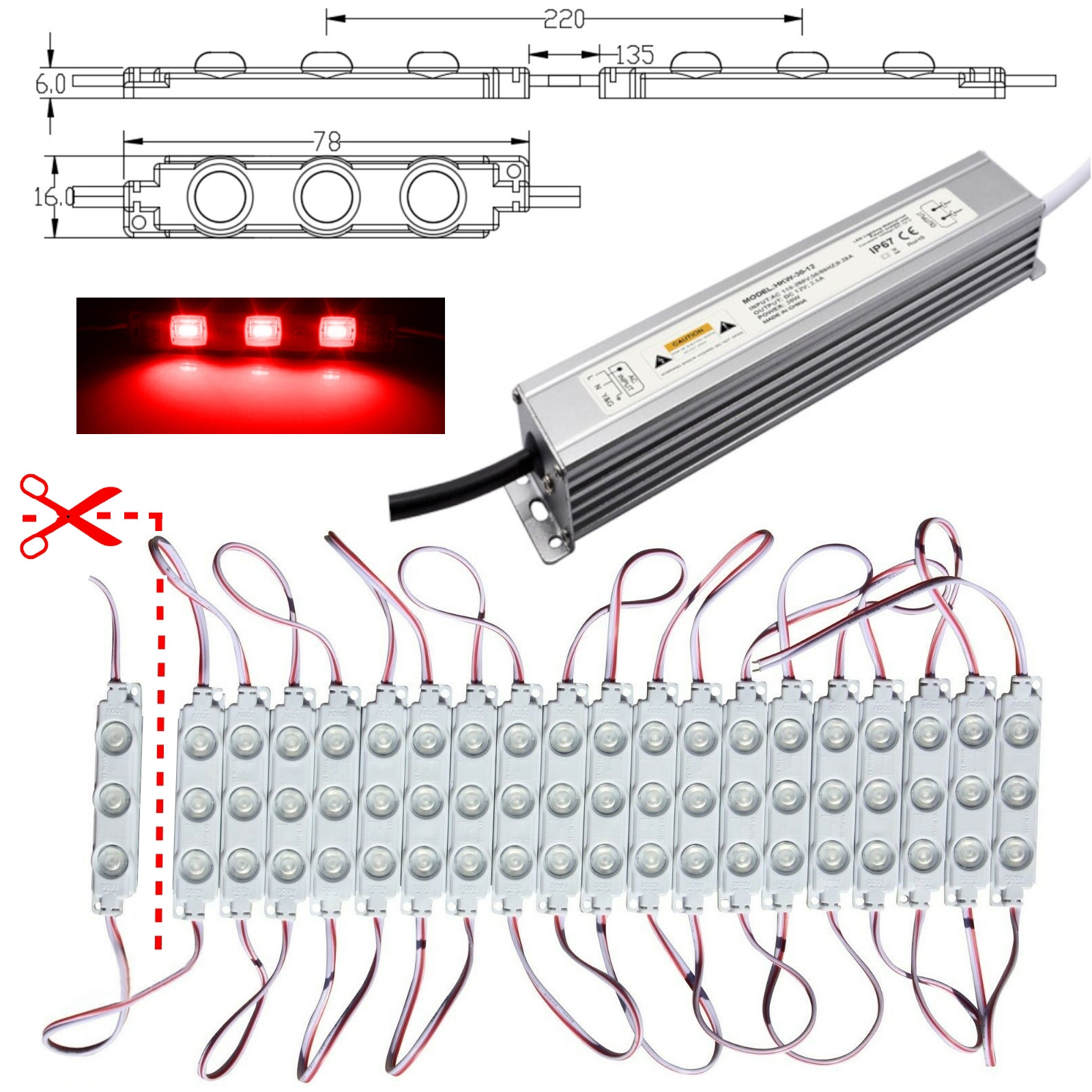 10x - 100x LED Modules - Red - Power Supply 230V 12V 1.5W Advertising Lighting Light