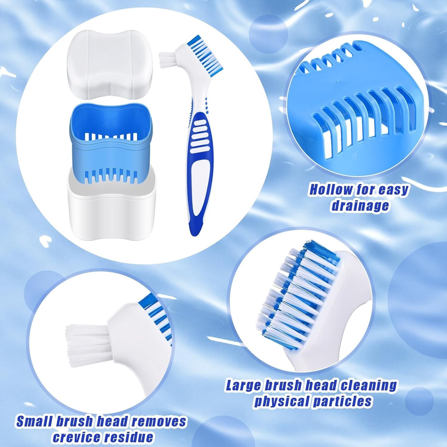 2 Denture Cases Denture Bath Cups with 2 Denture Cleaner Brushes Retainer Cle...