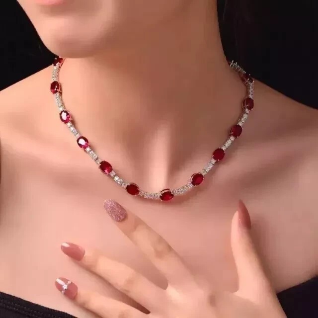 13Ct Oval Cut Lab Created 14K White Gold Finish Red Ruby Women's Tennis Necklace