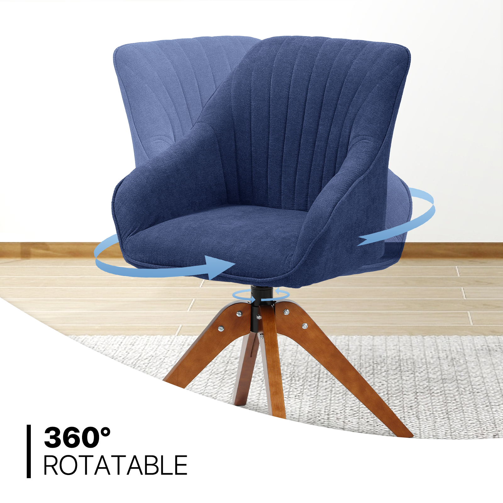 Swivel Accent Chair Modern Home Office Upholstered Armchair Wood Legs Navy Blue