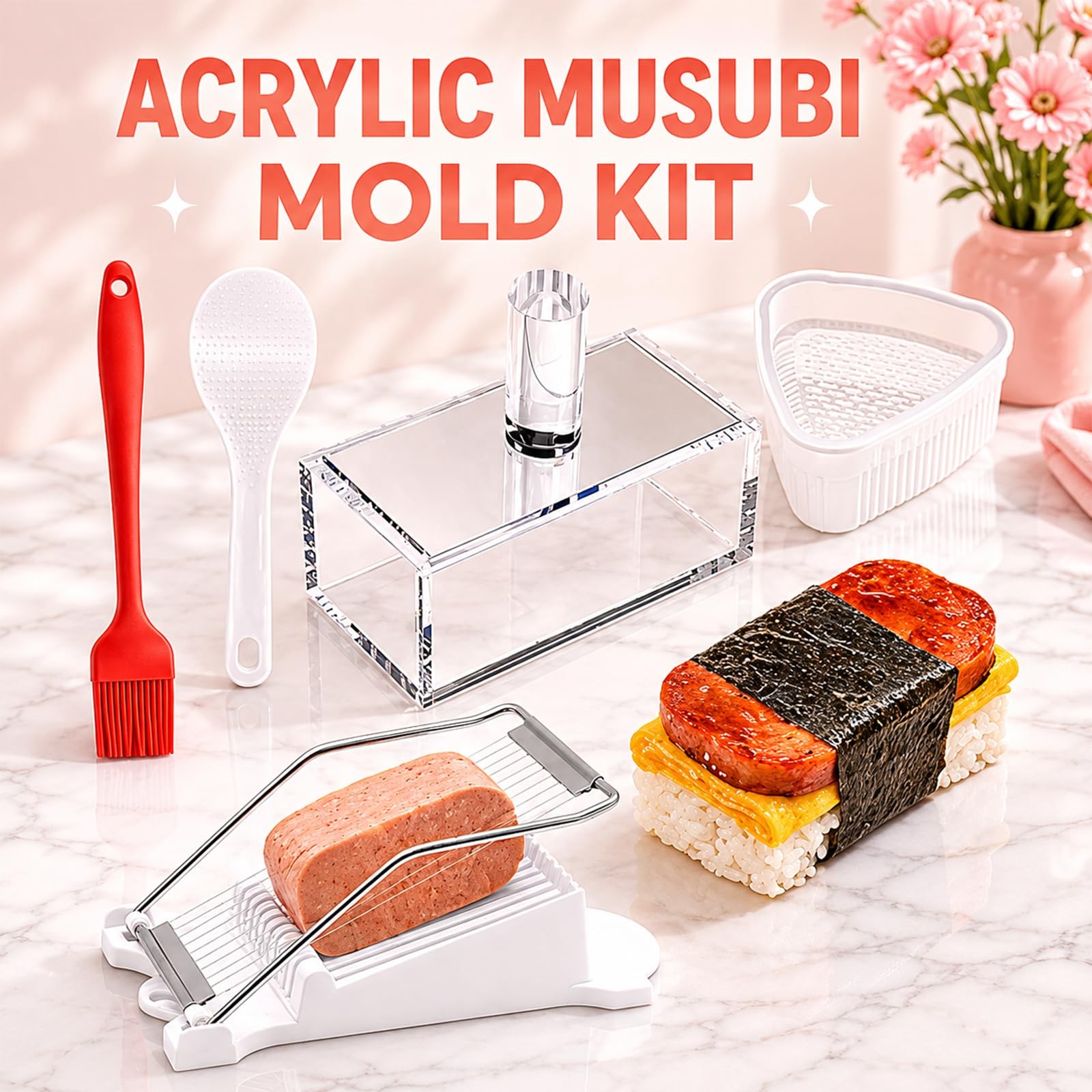 5 Pack Acrylic Musubi Mold Kit, Press Onigiri medium, White
