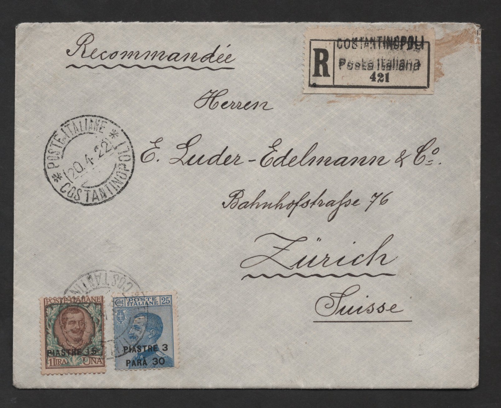 ITALY TURKEY 1922 REGISTERED CONSTANTINOPLE POSTE ITALIANA FRANKED 15 PIASTERS