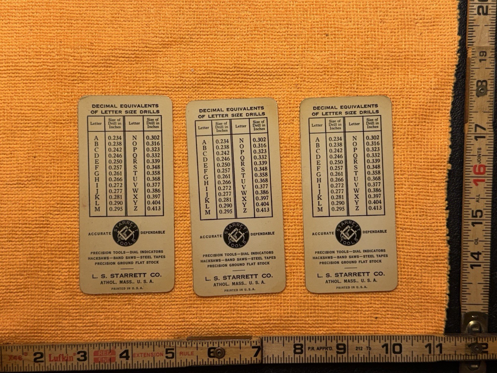 Vintage L.S. Starrett Decimal Equivalents Letter Number Drill Cards Lot of 3