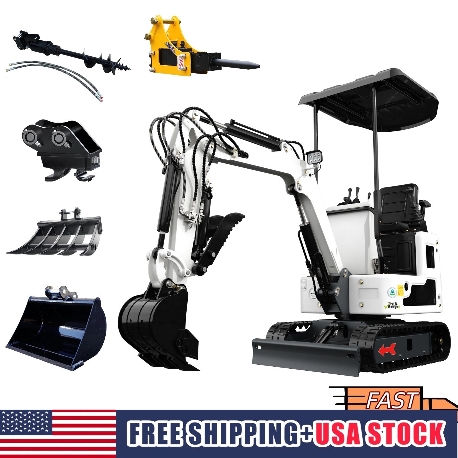 New Mini Excavator B&S EPA Gas Engine Tracked Digger 5 Attachment  Free Shipping