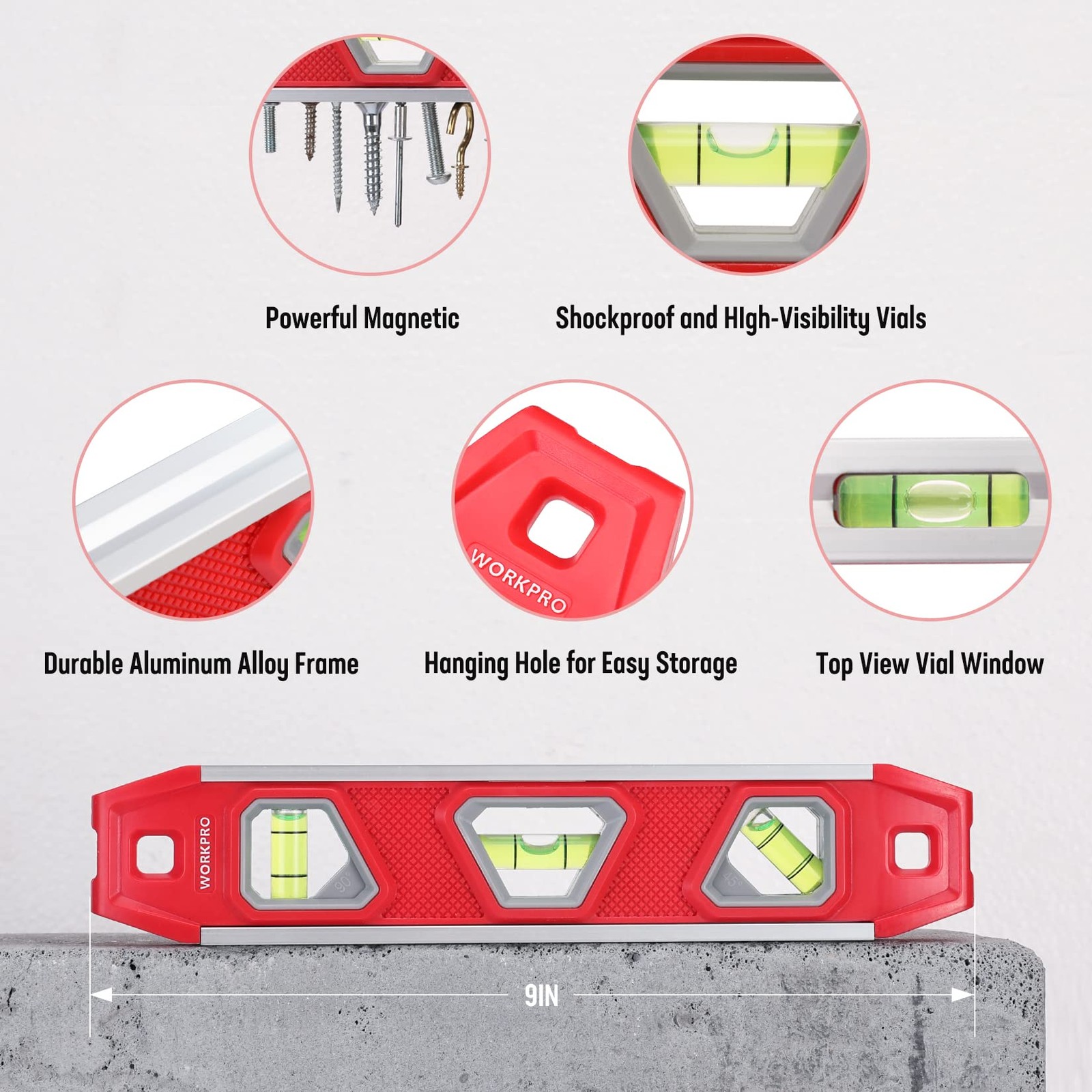 WORKPRO 9-Inch Torpedo Level Magnetic, Small Leveler Tool with 3 Red