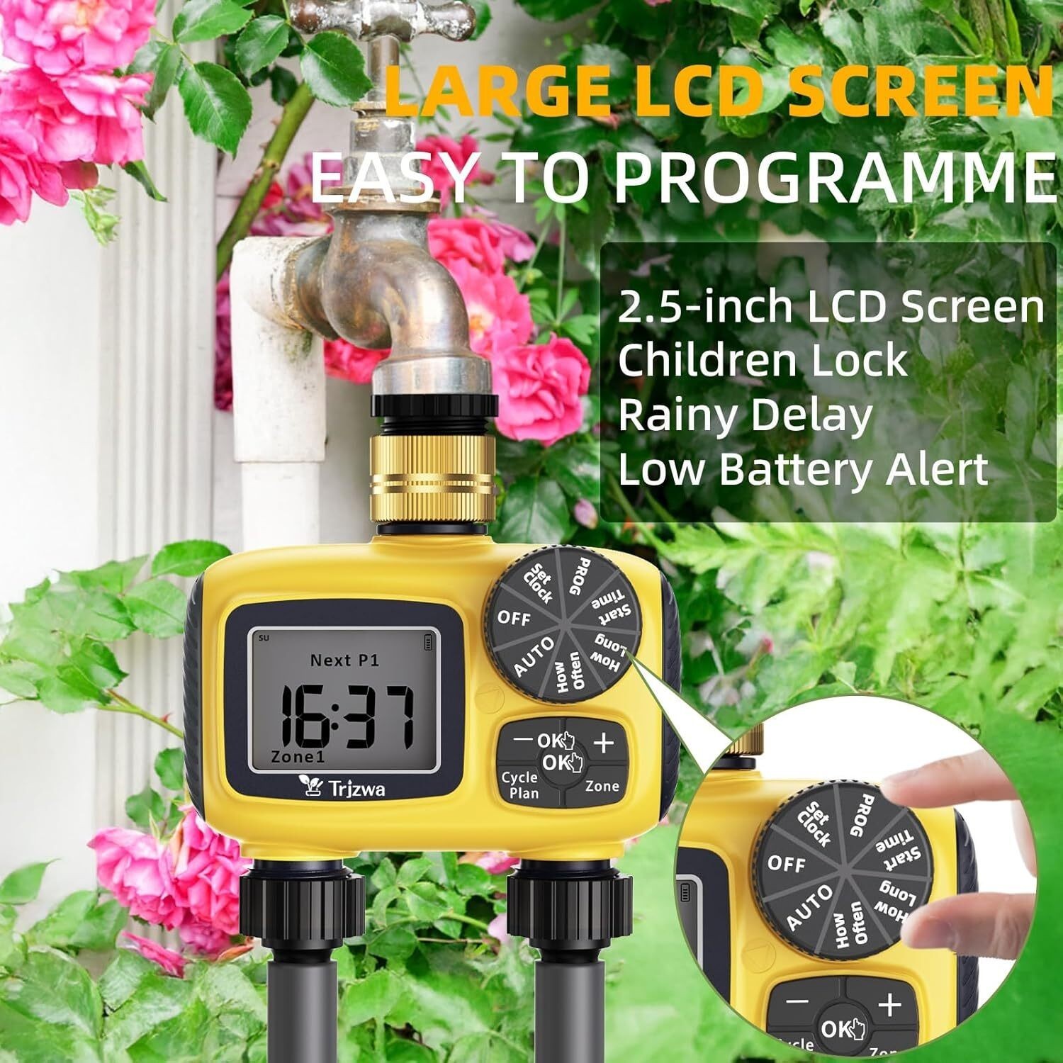 Hose Timer 2 Outlet,2 Zone Programmable Sprinkler Timer with Rain Delay&Manual,p