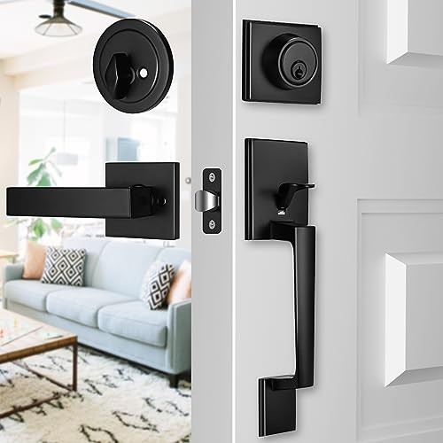 Modern Matte Black Front Door Lock & Handle Set - Matte Black Handle & Deadbolt