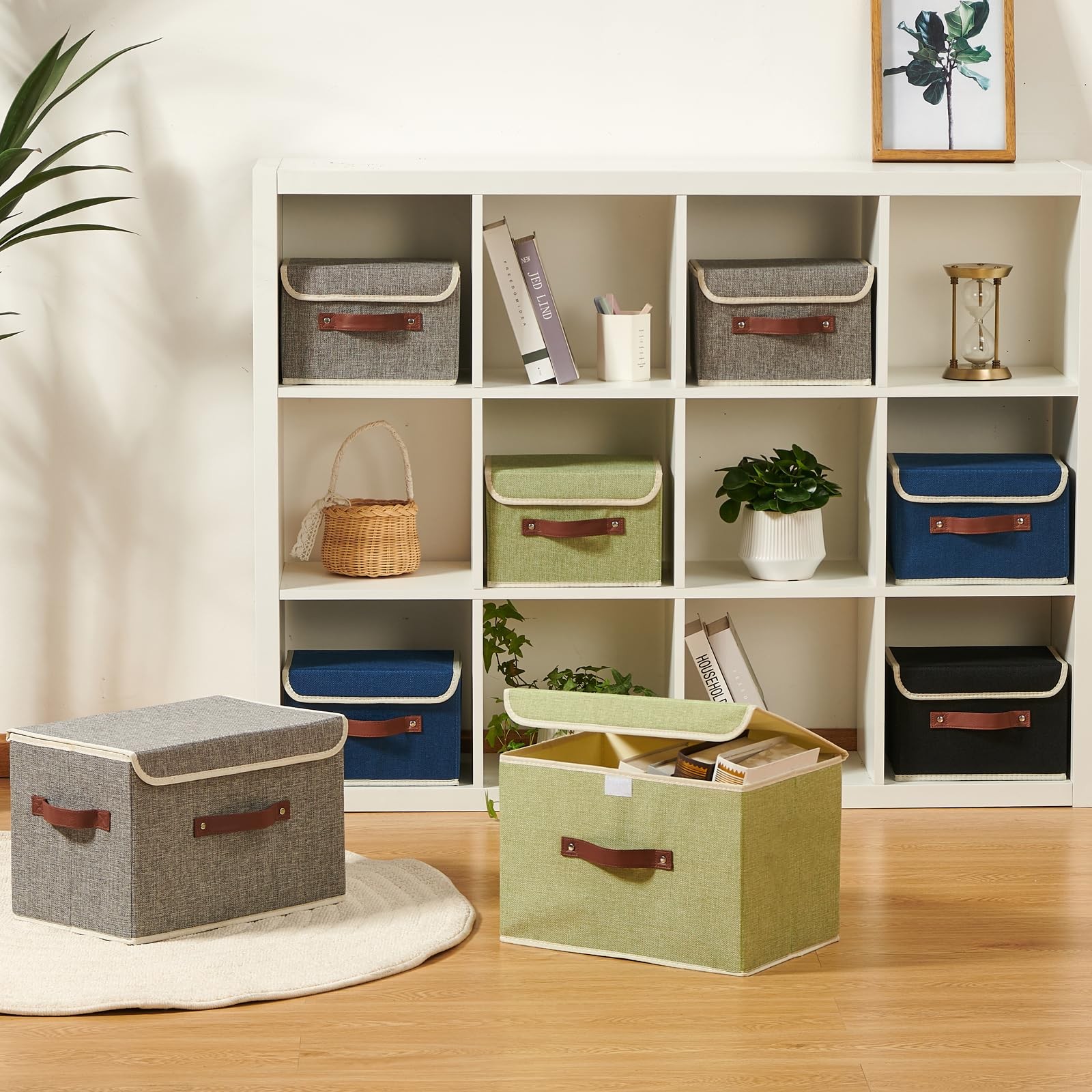 Storage Boxes with Lid Cotton Linen Fabric Storage Bins Organizer Container D...