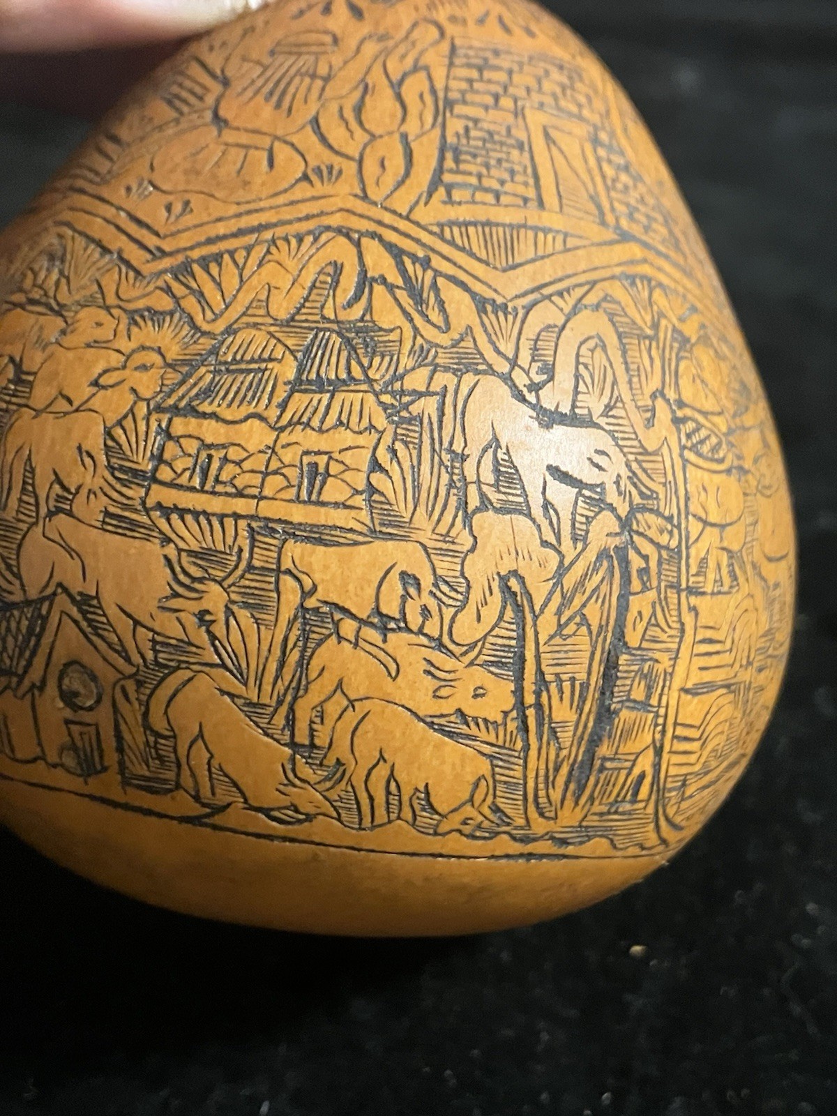 Peruvian Intricate Hand Fine Carved Etched Gourd Rattle Peruvian Culture Scenes