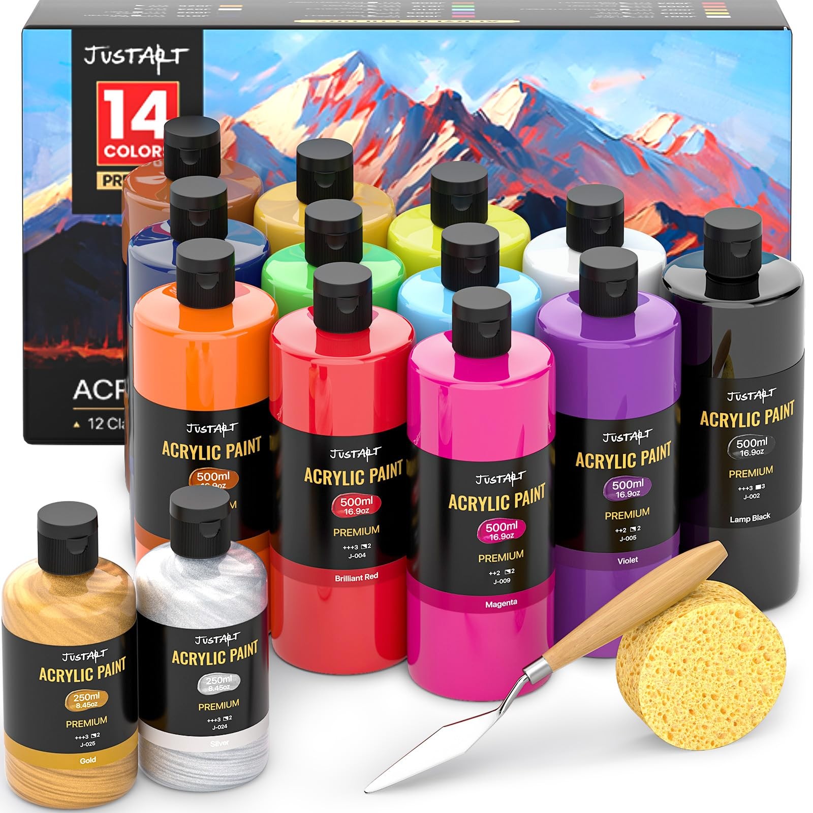 14 Color Acrylic Paint Set 500ml Bottles Gold Silver for Canvas Craft Art