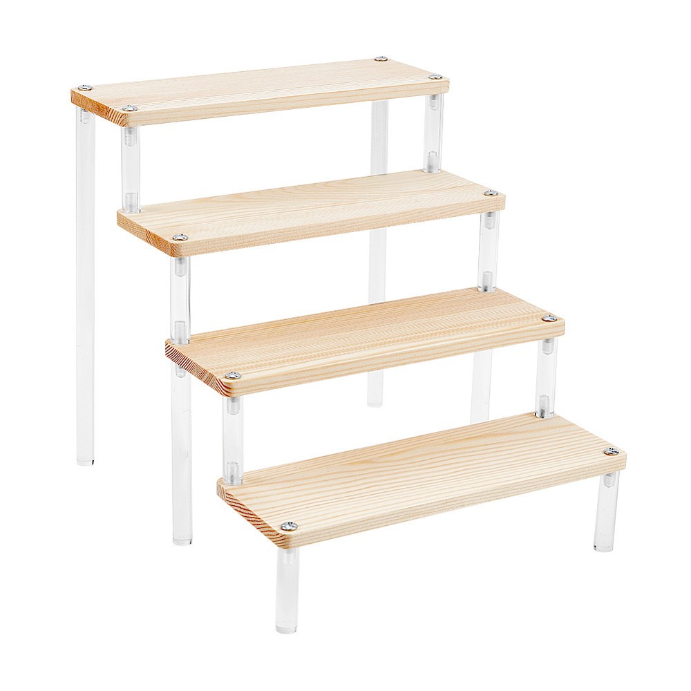 1set 4-Tier Wood & Acrylic Minifigures Display Risers for Models Building
