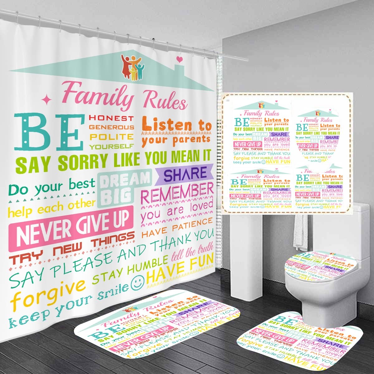 4 Piece Shower Curtain Set Girly Girls Boys Teen Inspirational 60Wx72L Inch D...