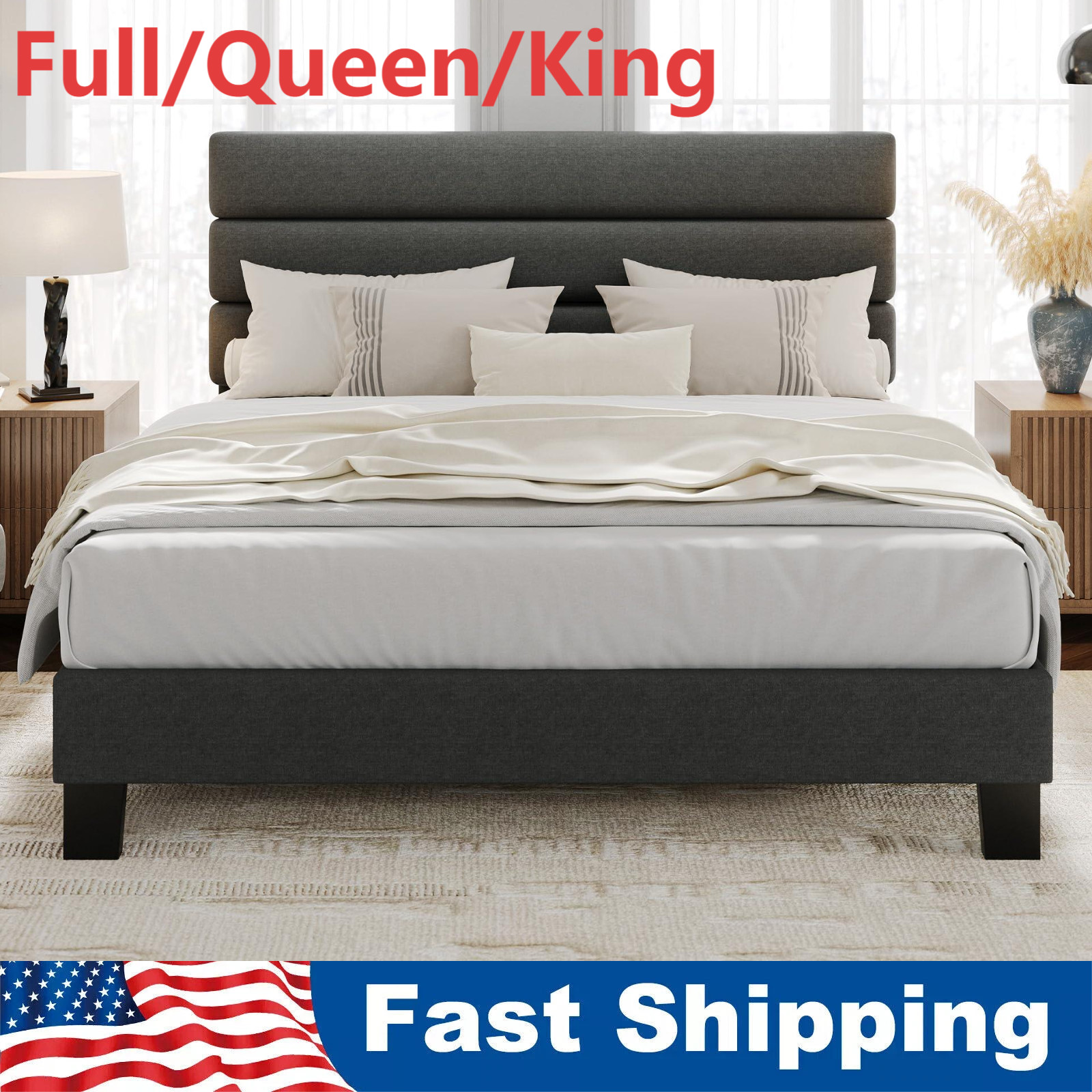 ✨Full Queen King Linen Upholstered Platform Bed Frame with Adjustable Headboard