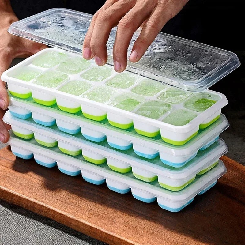 Ice Cube Tray 4 pack 14 Grid with Lid Easy Release Stackable Mold Kitchen Bar