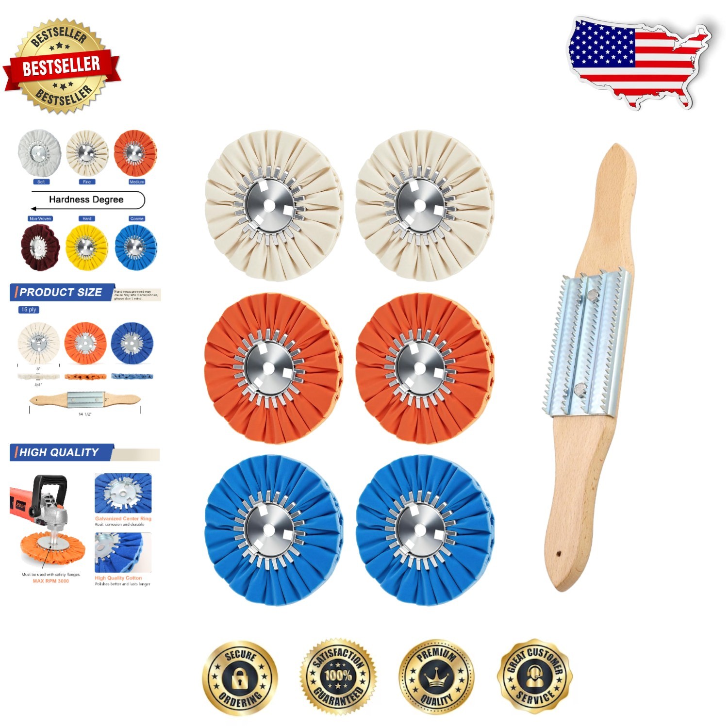 Pro 8" Airway Buffing Wheels 7pc Set - 16 Ply Cotton, Coarse-Fine Polish
