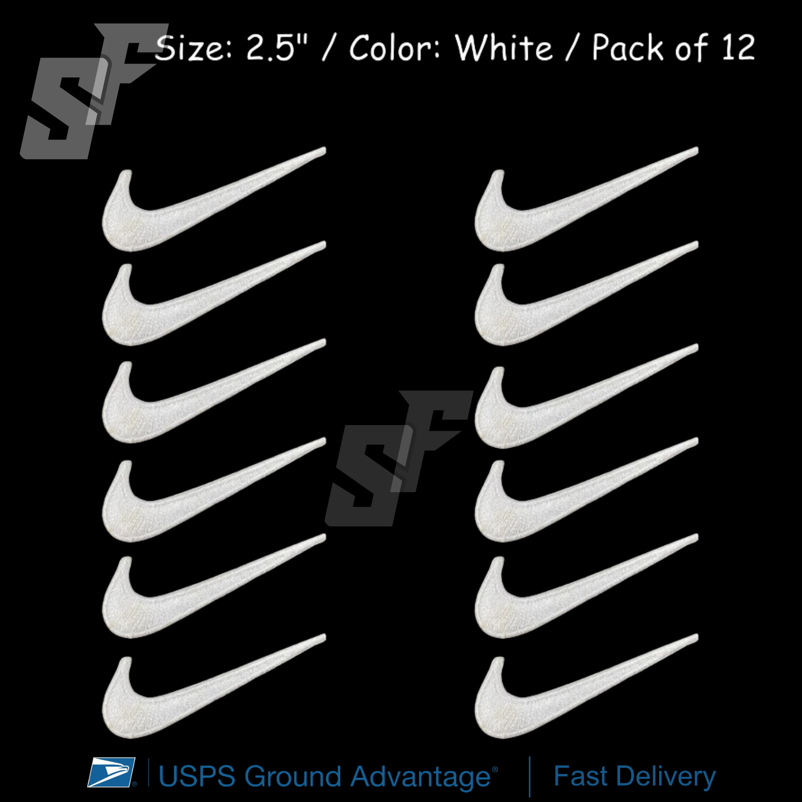Embroidered Swoosh Iron On Embroidery Logo Patches 2.5" White Swoosh Pack of 12