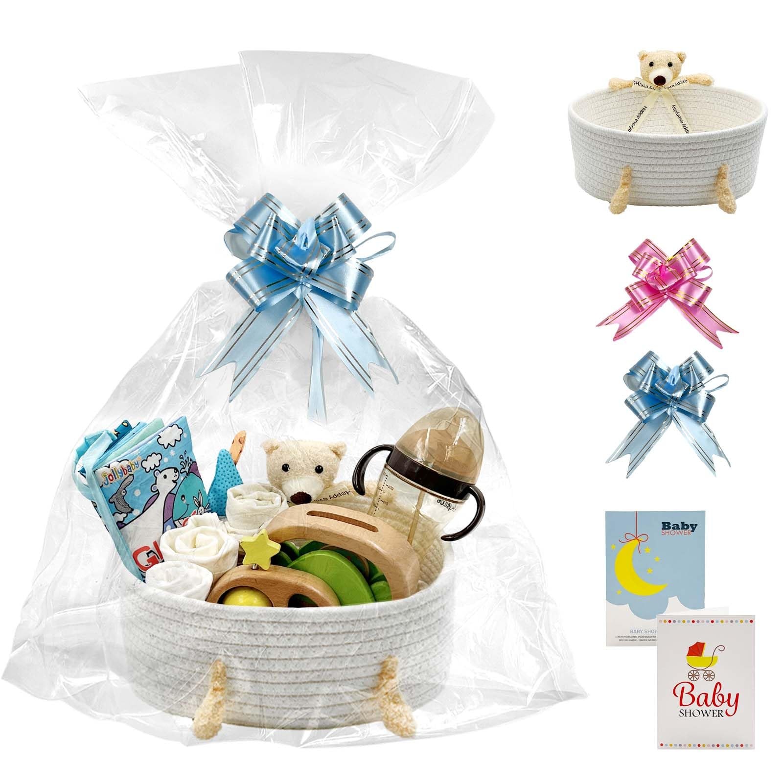30x21cm White Cotton Rope Bear Empty Woven Basket Hamper Cellophane Bag Bows