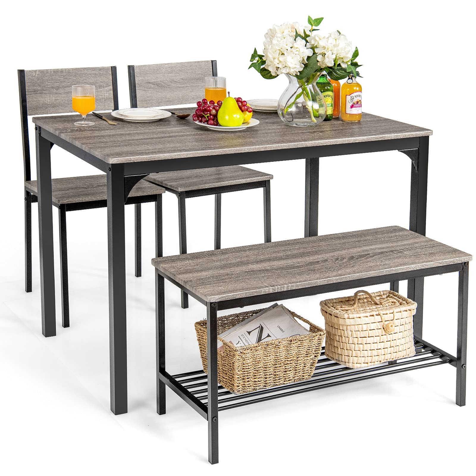 Dining Table Set for 4, Kitchen Table with Bench and Chairs, Industrial Gathe...