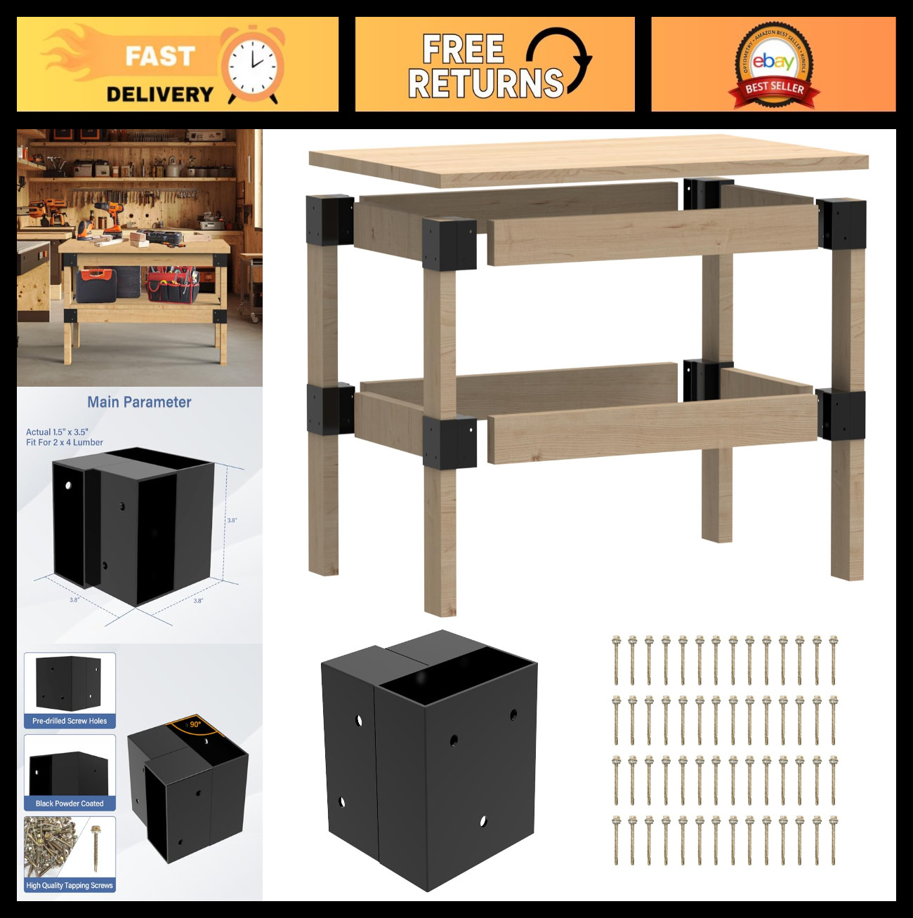 Heavy Duty 2' x 4' Workbench Kit - 8 PCS Metal Brackets for DIY Garage Table