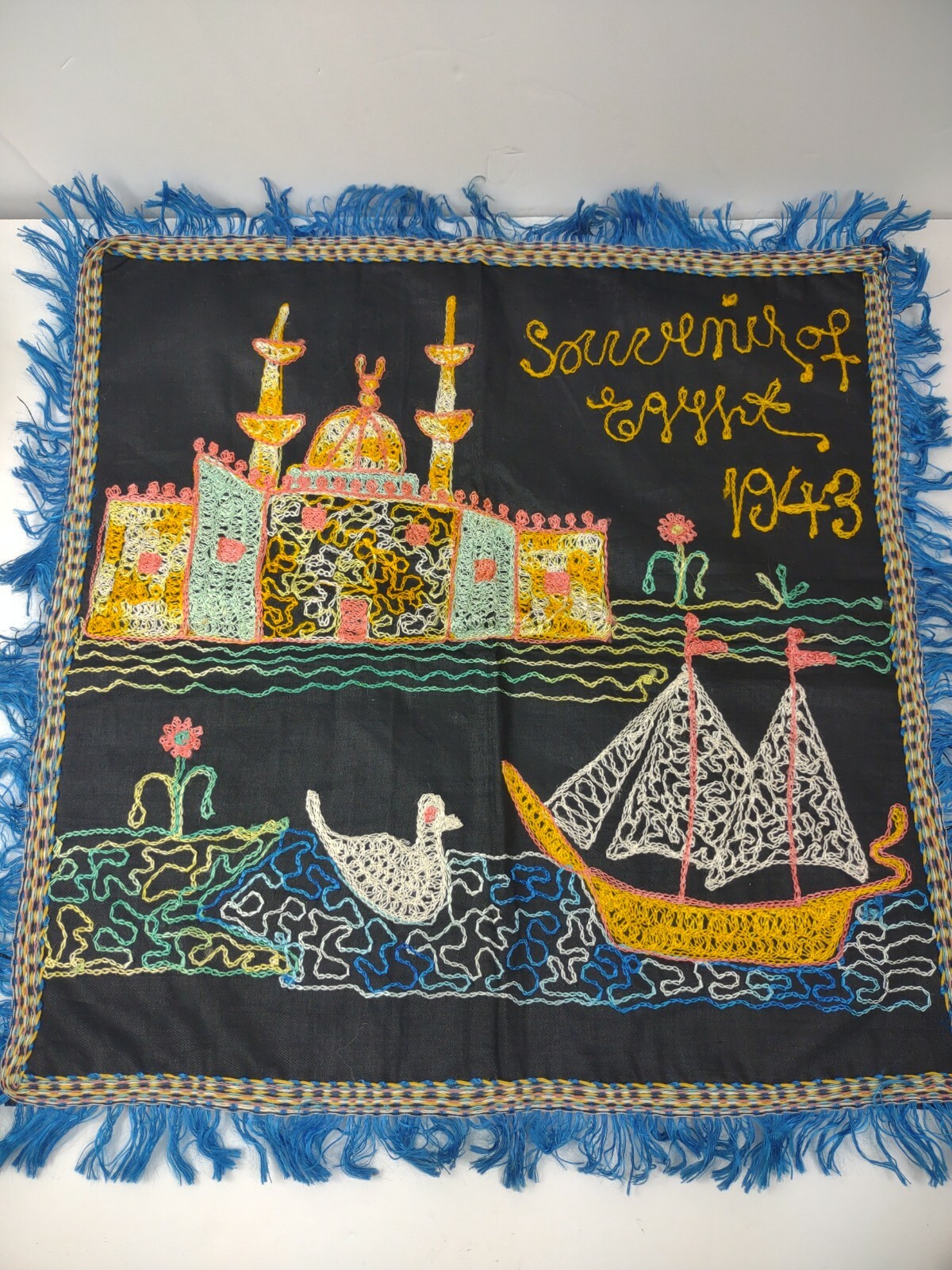 Vintage 1943 Souvenir Of Egypt Tapestry Handmade Embroidery 15" x 15" wall