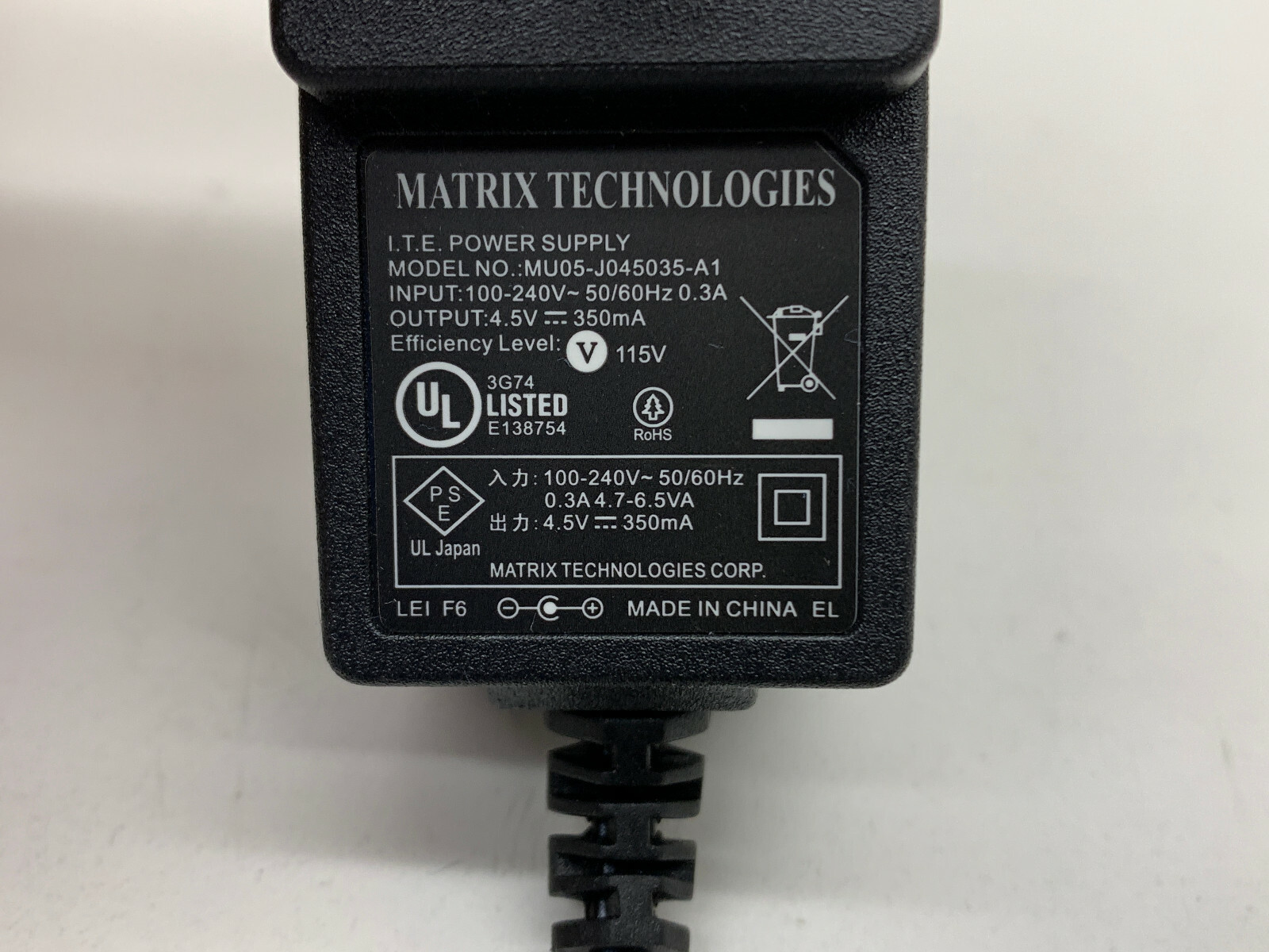 Matrix Technologies Pipette Power Supply Adapter Plug 4.5V DC 350mA