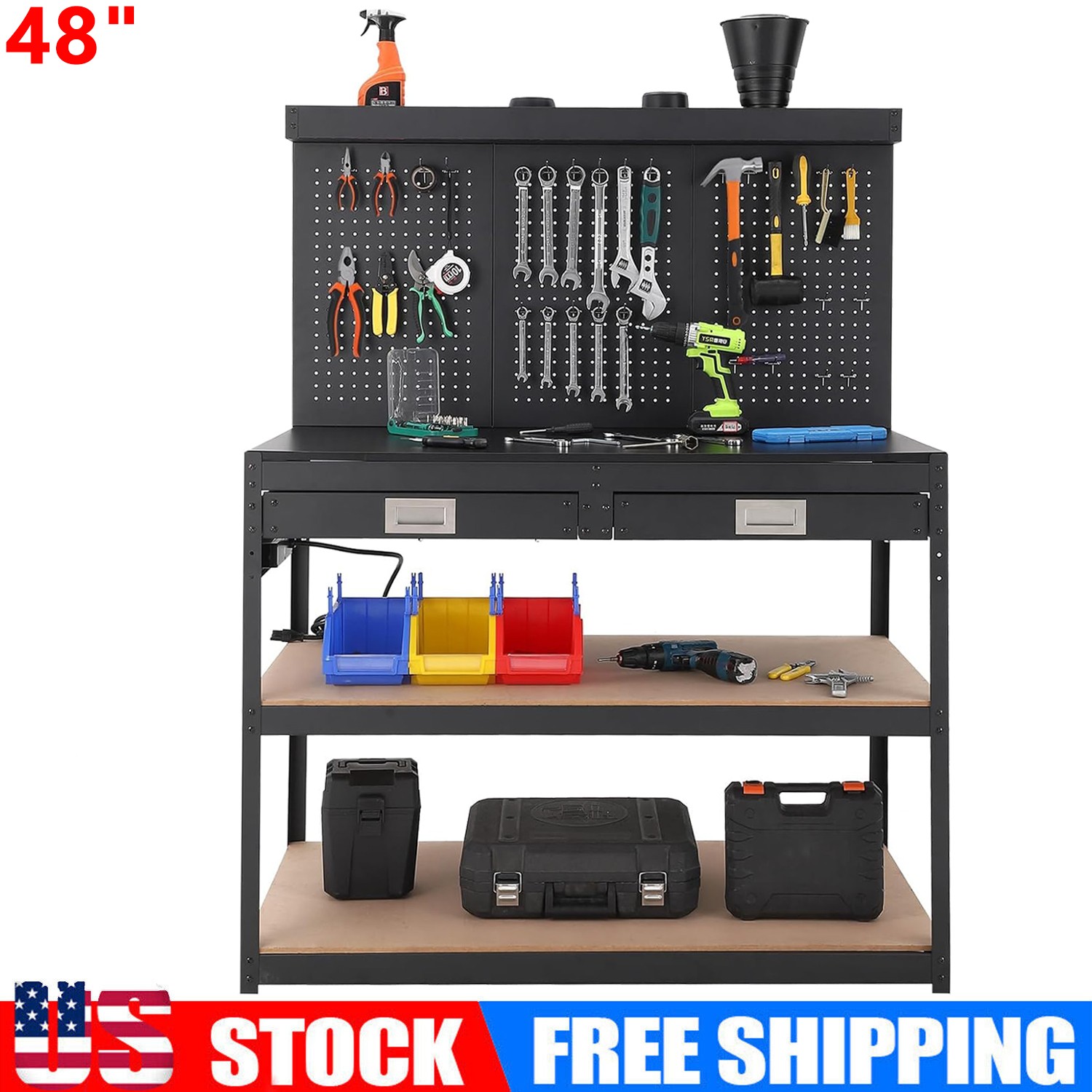 48" Multifunctional Workbench with Pegboard Power Outlets & 2 Drawers for Garage