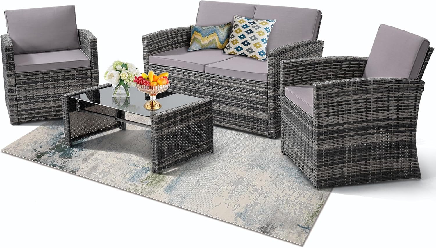 4 Piece Patio Furniture Set, Outdoor Wicker Conversation Set | Washable Cushions