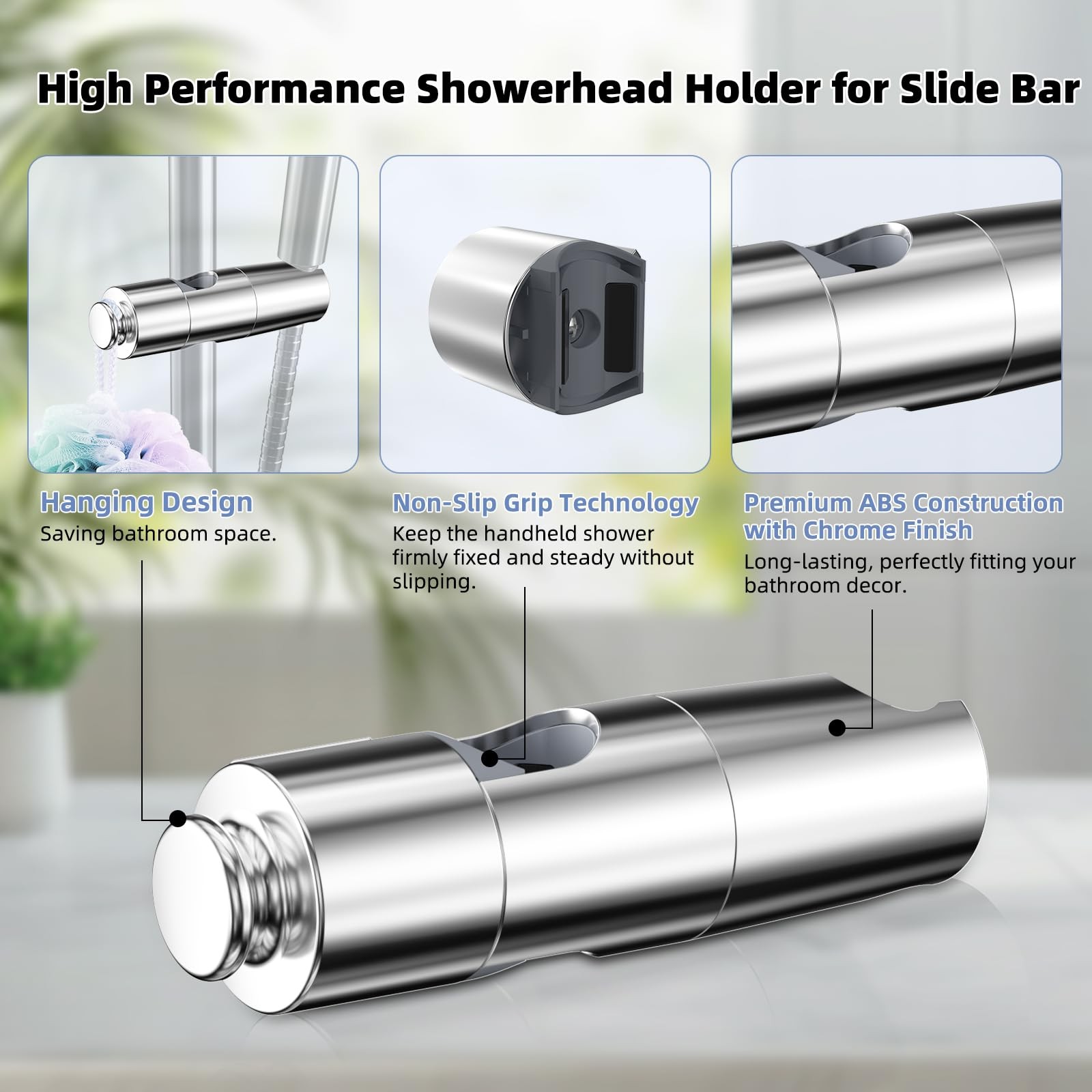 Adjustable Shower Head Holder for Slide Bar, Universal Handheld Bracket, Chrome