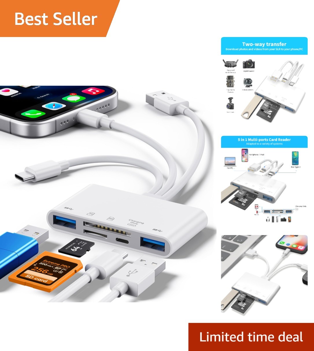 High-Speed 5-in-1 SD Card Reader for iPhone with Simultaneous Charging