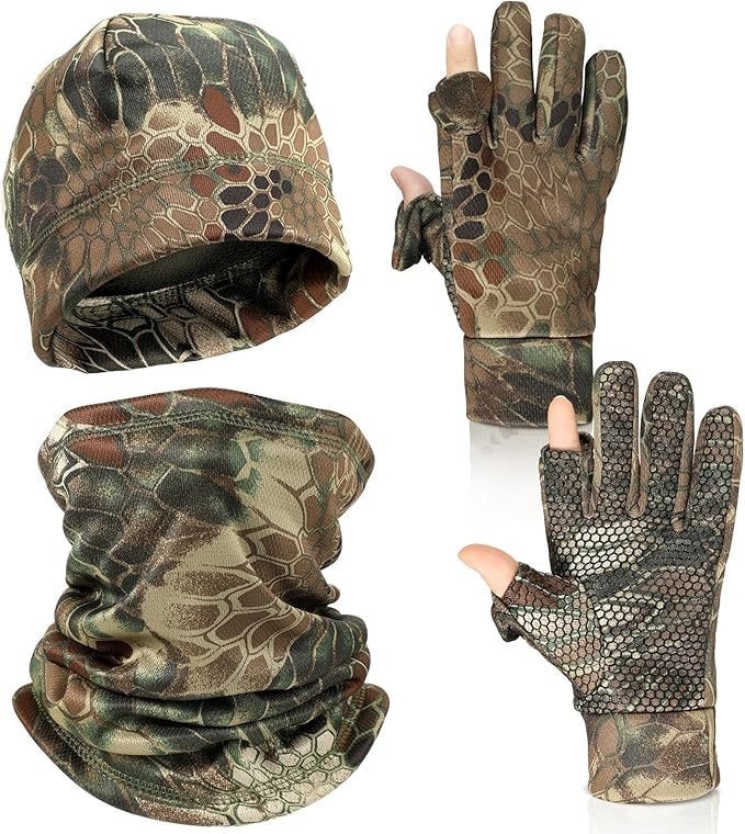 Janmercy 3pc Camo Hunting Gloves, Beanie, & Neck Gator Set - One Size