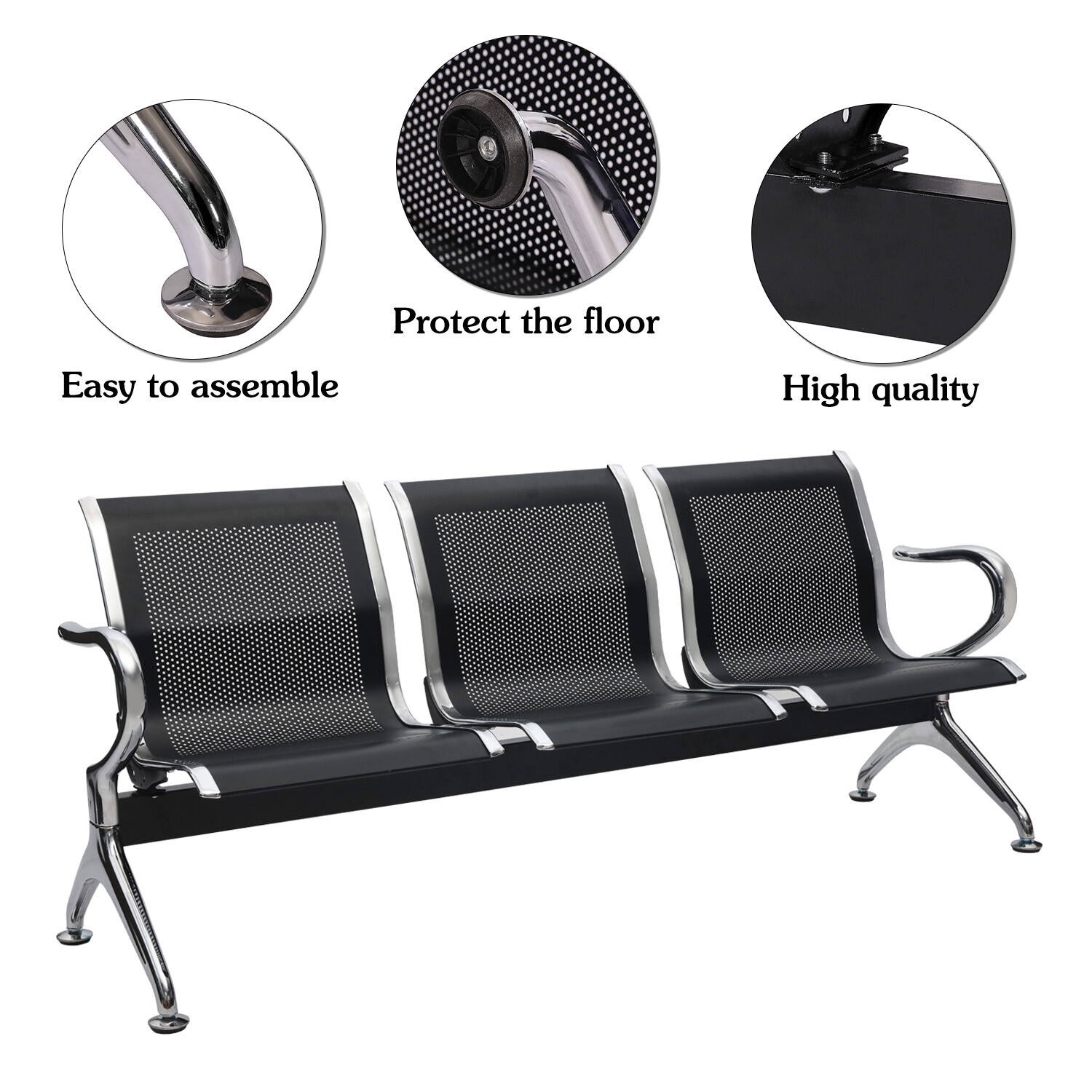 Heavy Duty 3-Seat Airport Office Waiting Chair Salon Bench Seat Black