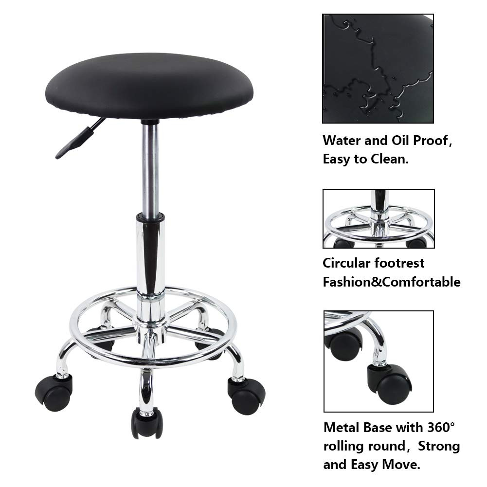 KKTONER Swivel Rolling Stool with Footrest Height Adjustable PU Leather Salon Va