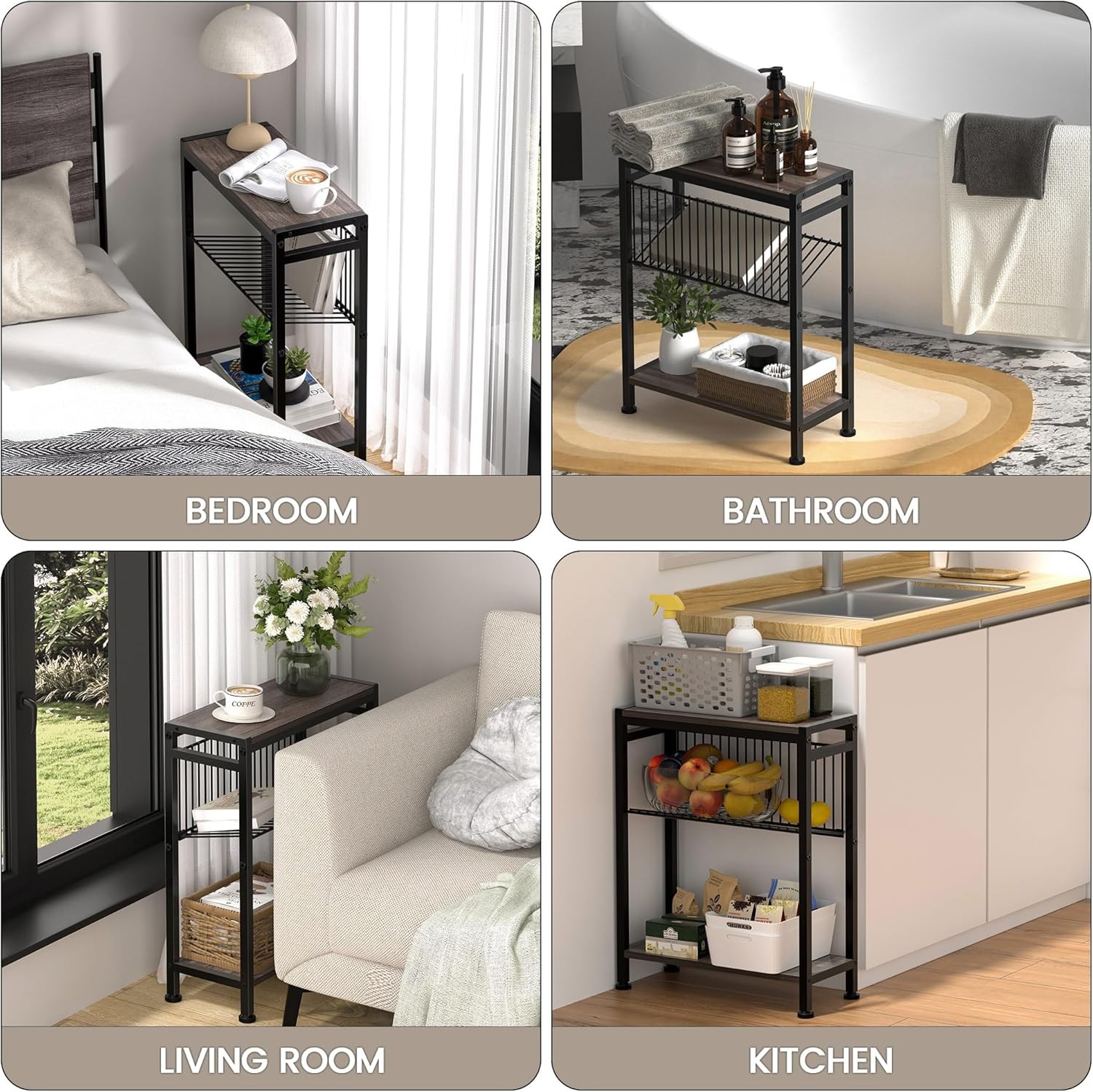 Side Table Small Space 3-Tier Narrow End Tablewith Magazine Holder,Slim