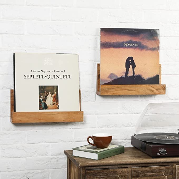 Wall Mounted Acacia Wood Vinyl Record Album Storage Display Racks, Set of 2