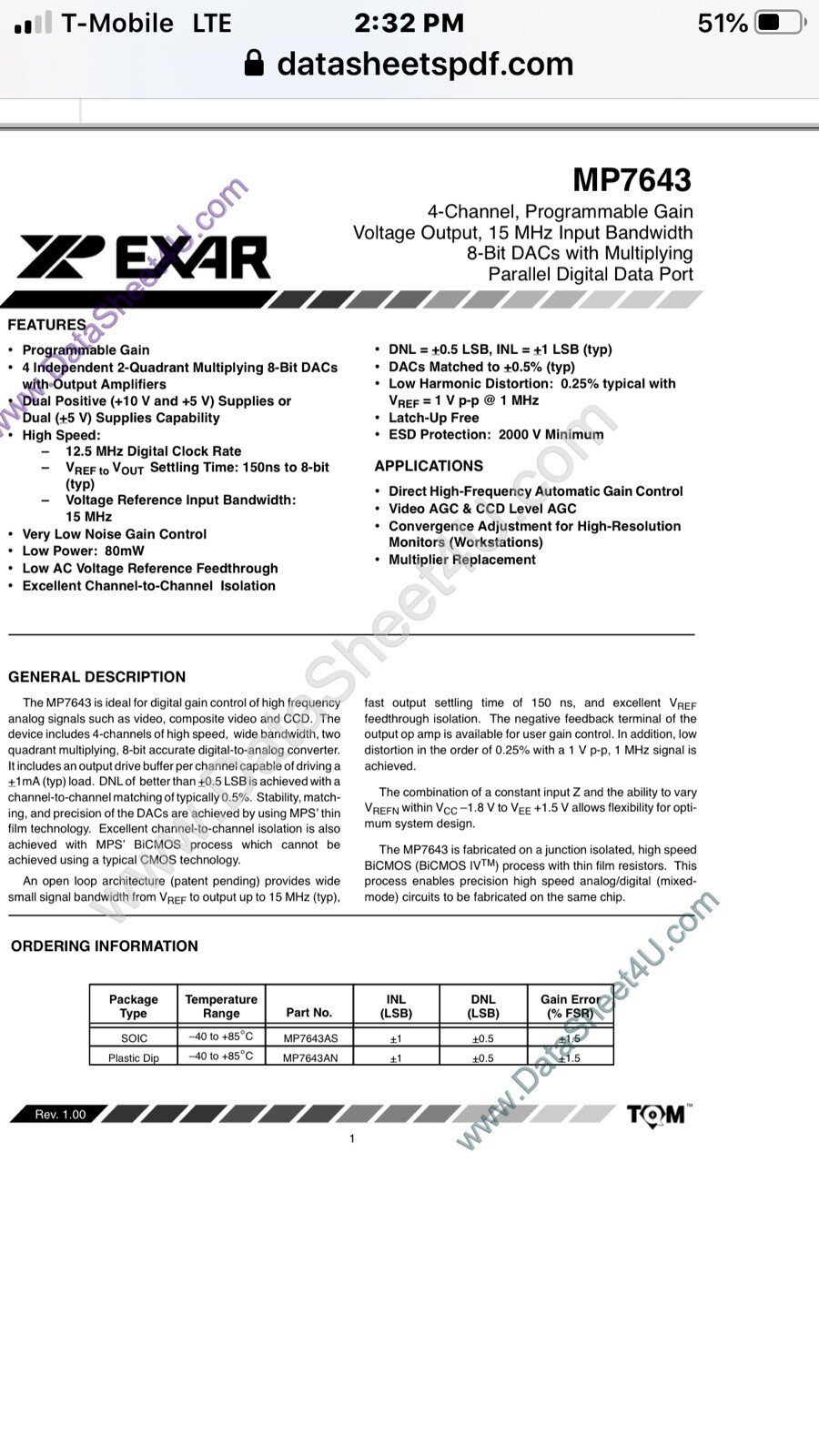EXAR MP7643AS Programmable Gain Voltage Output.