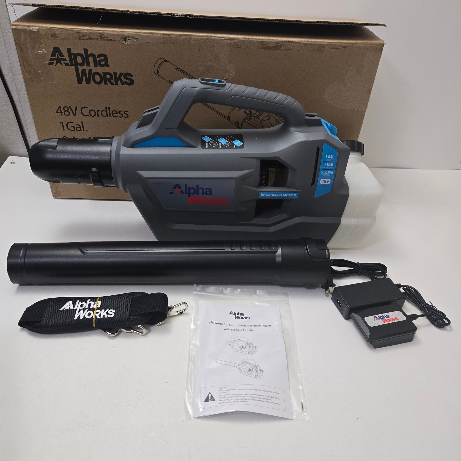 NEW ALPHA WORKS 48V Cordless 2 in 1 Fogger & Blower Tool, Charger NO BATTERY