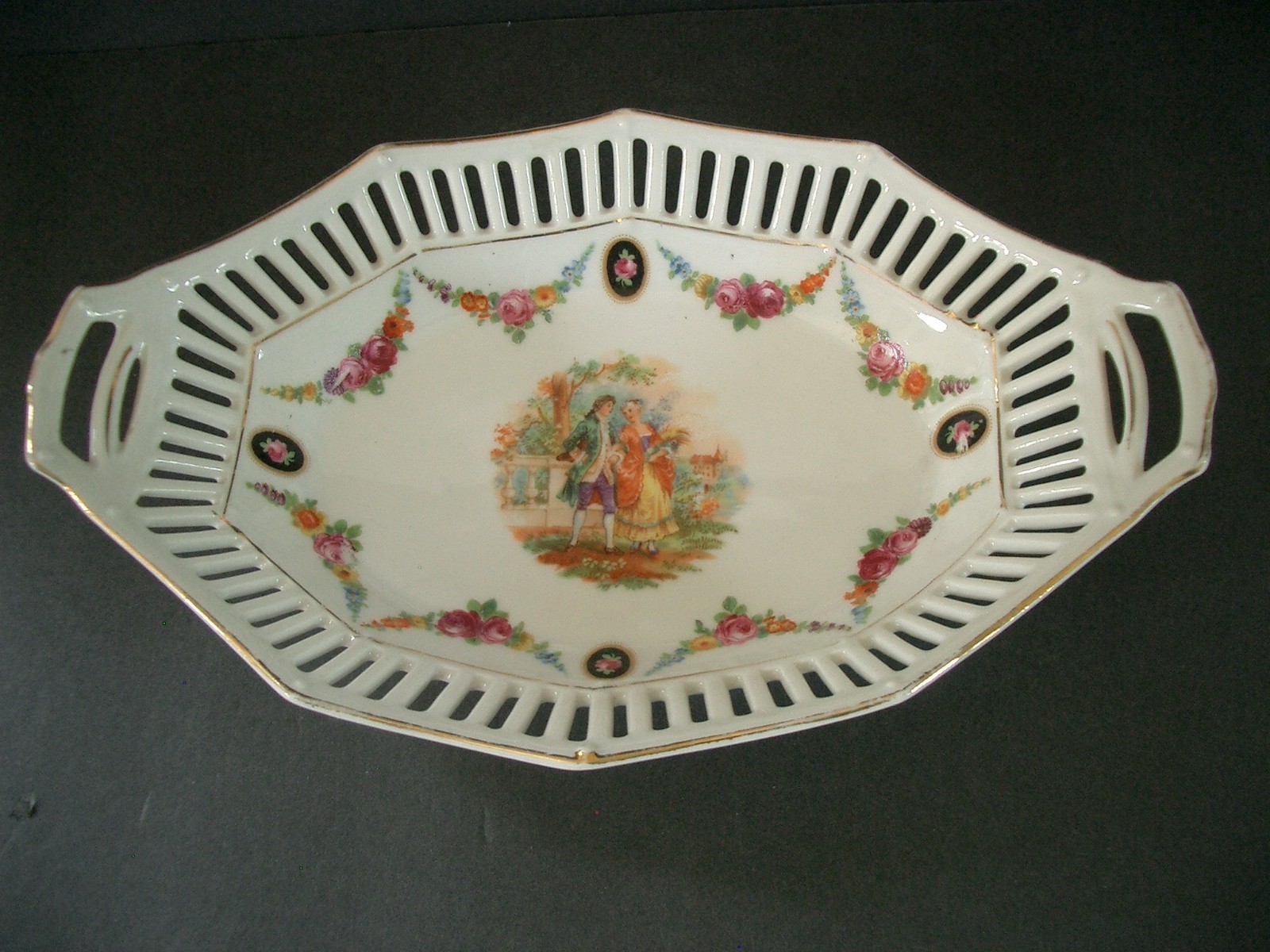 Germany Gilded Porcelain Reticulated Courting Couple Candy, Nut or Trinket Dish