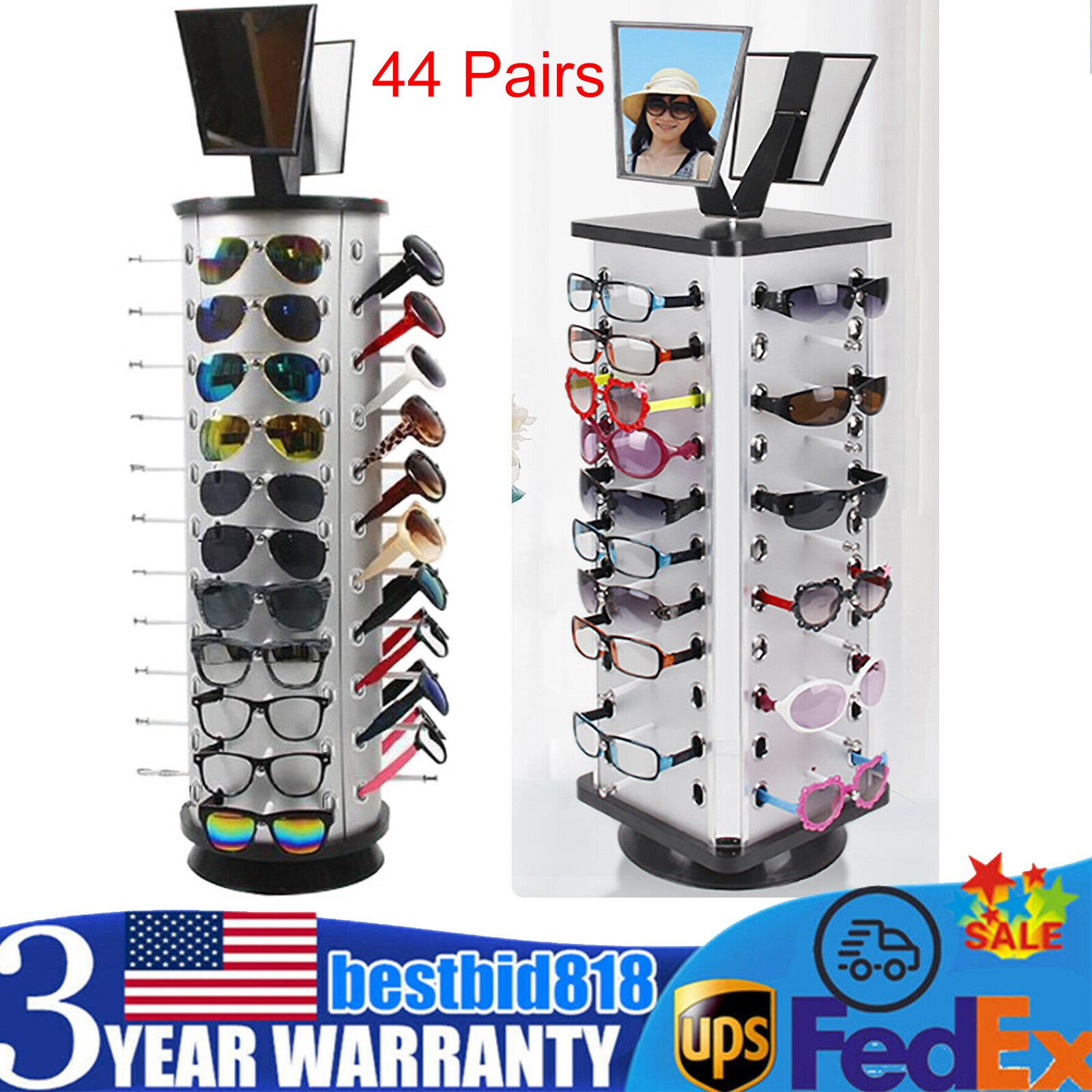 360° Rotating Sunglass Rack Glasses Display Stand Organizer With Mirror Counter