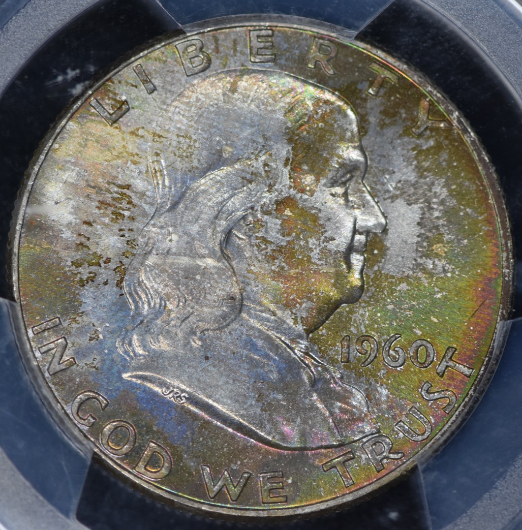 1960 Franklin Half Dollar PCGS MS66 Rainbow Tone Obverse