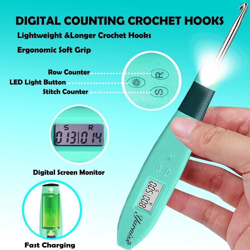 18 Size Counting Crochet Hooks with Light, Digital Counter Crochet Hooks Set wit
