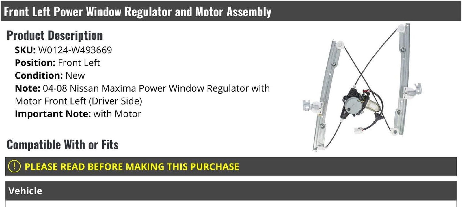Front Left Driver Side Power Window Regulator Motor for 2004-2008 Nissan Maxima
