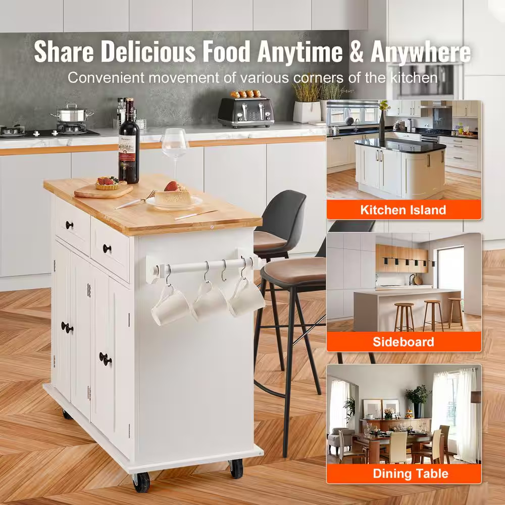 Kitchen Cart 35.4 In. Mobile Storage Cart with Solid Natural Wood Top, Rolling K